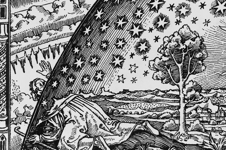 The Flammarion engraving: a traveller puts his head through the sphere of the sky, 1888