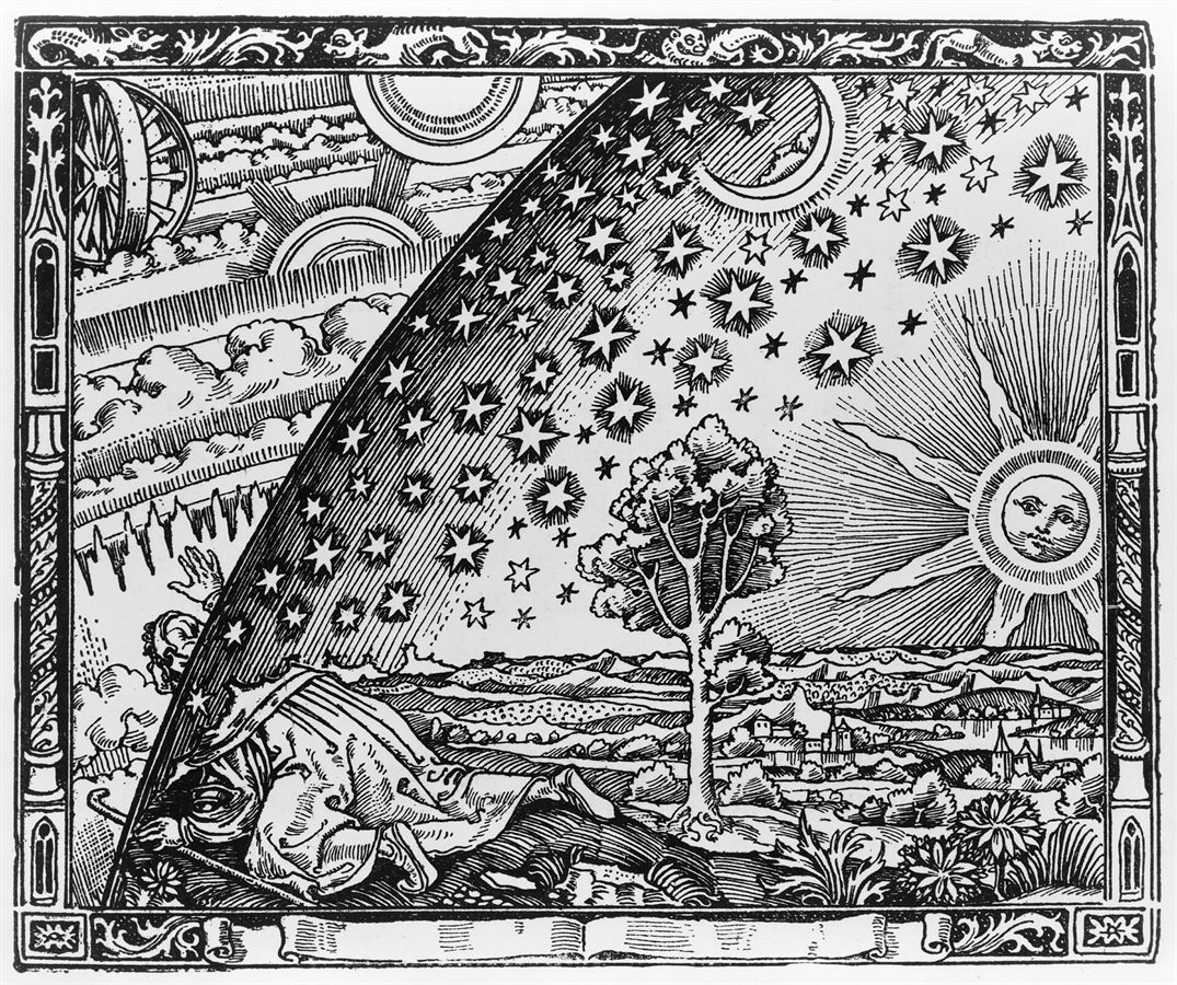 The Flammarion engraving: a traveller puts his head through the sphere of the sky, 1888
