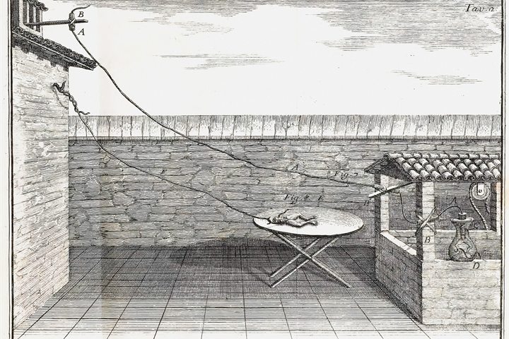 Luigi Galvani, a frog wired to a conductor for atmospheric electricity, from De viribus electricitatis in motu musculari, 1791
