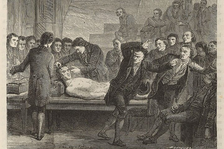 Louis Figuier, Les merveilles de la science, 1867, fig. 333: Dr Ure galvanising the body of the murderer Clydesdale