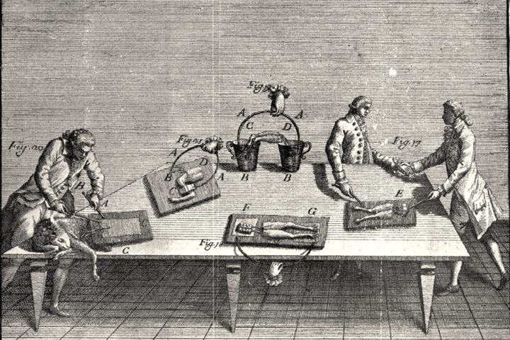 Luigi Galvani, plate IV from De viribus electricitatis in motu musculari, 1791