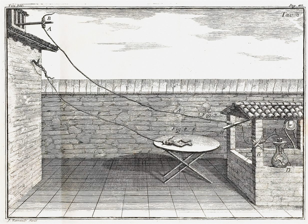 Luigi Galvani, a frog wired to a conductor for atmospheric electricity, from De viribus electricitatis in motu musculari, 1791